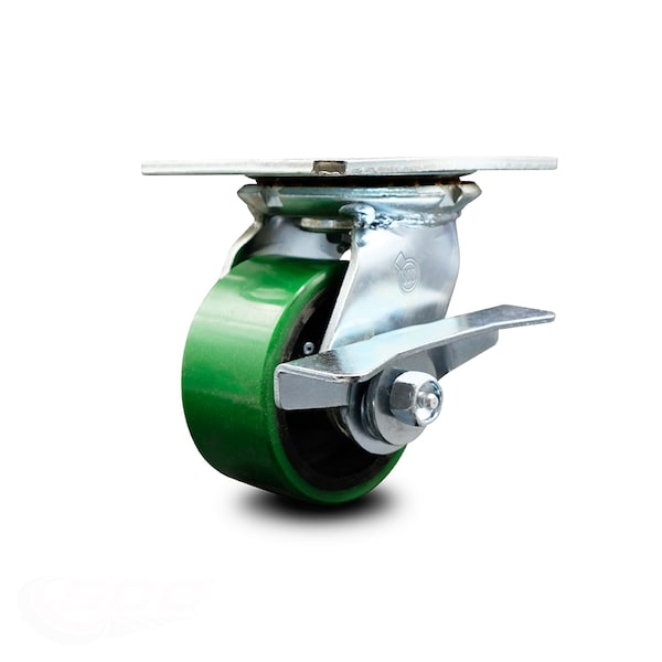 4 Inch Heavy Duty Green Poly on Cast Iron Caster with Ball Bearing and Brake SCC